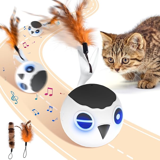 ORSDA Cat Toys, Interactive Cat Toys for Indoor Cats Automatic Moving Ball Bird for Bored Indoor Adult Cat Kitten Toys Ball, Motion Activated Fast Moving Chirping Stimulating Light Cats Toys, 2 Tails