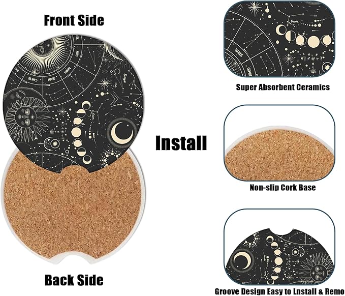 Car Cup Holder Coaster - Sun Moon Absorbent Ceramic Coaster, Car Coasters for Cup Holders, Auto Accessories for Women & Men, Pack of 2