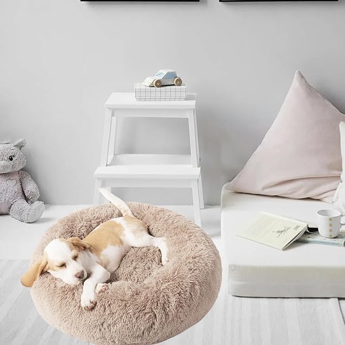 Dog Bed for Indoor, Faux Fur Calming Dog & Cat Bed 24' Anti-Anxiety Donut Soft Plush Cushion for Small Medium Dogs & Cats with Slip-Resistant Bottom(Khaki)