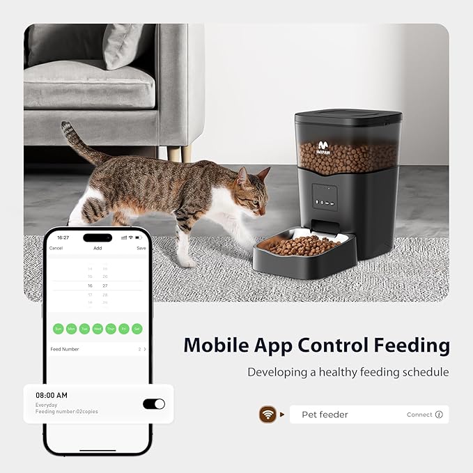 Automatic Cat Feeder WiFi: Automatic Cat Food Dispenser App Remote Control Timed Feeding of Dry Pet Food 10s Voice Recorder Programmable Food Dispenser for Cat & Small Dog Up to1-10 Meals Black