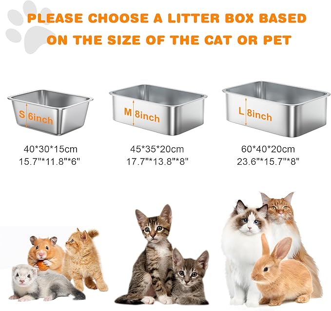 8" Deep Litter Box Stainless Steel Cat Litter Box Metal Litter Box Easy to Clean,Non-Stick Kitty Litter Box,Suitable for Indoor and Outdoor Pet Cats