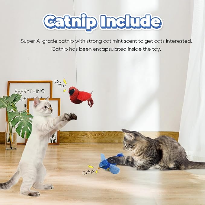 LEWISER Cat Toys Chirping Tit 2 Pcs with Catnip SilverVine, Suitable for Cat Wand Toys, Simulation Bird Design, Interactive Toys for Indoor Kitty Kitten Exercise, Red and Blue