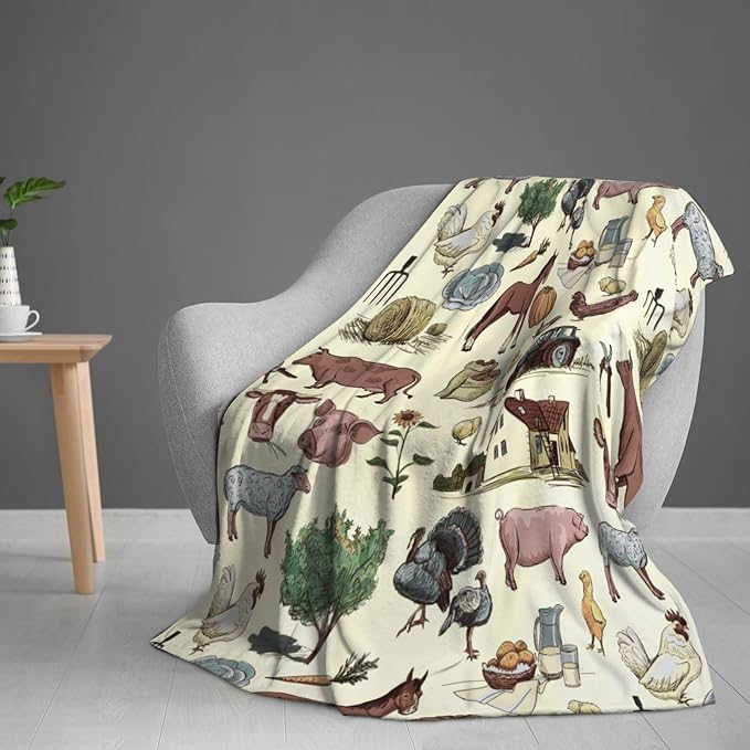 Farm Animal Blanket Throw 80"x60", Plush Flannel Cow Chicken Horse Pig Sheep Blanket, Soft Warm Decorative for Kids Women Adults