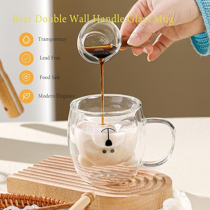 Bear Cute Mugs Kawaii Double Wall Glass Coffee Tea Mill Yogurt Cup Funny Novelty Gift for Women Her Friends Office Birthday Christmas (Bear with handle)