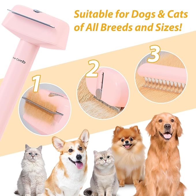 L&W BROS. 3-in-1 Cat Grooming Brush Set | Comb, Undercoat Rake, Double Sided Deshedding Tool for Long & Short Hair Dog Brush for Shedding Cat Hair Remover for All Breeds (Pink)