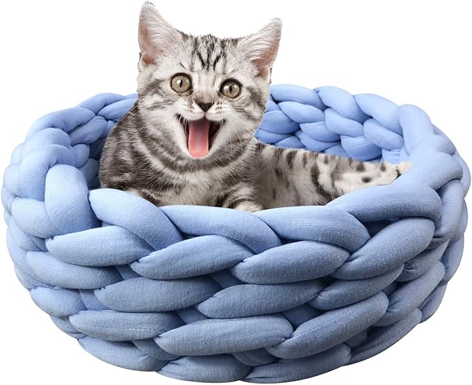 Lucky Monet Cat Basket Bed Cotton Knitted Round Pet Beds for Cats Cute Boho Cat Pet Bed Warm Woven Cat Nest for Puppy Kitten Cats Dogs (19.7", Blue)