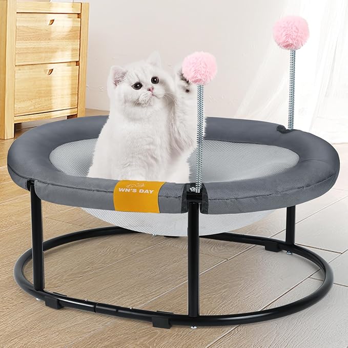 Cat Bed Elevated Cat Hammock for Indoor Outdoor Large Cats, Cat Dog Raised Pet Bed Stable & Breathable Easy Assembly, Small Outdoor Cat Bed for Sleeping Kittens Dog Oval Cat Hammock with Toy Ball,Grey