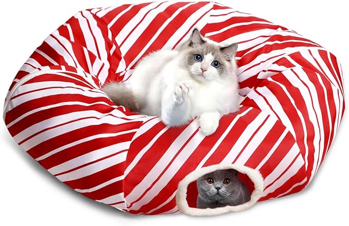 Cat Tunnel Bed Peekaboo Cat Cave Donut Under Christmas Tree Candy Cane Design Festive Decor Perfect for Small Medium Large Cats, Kittens, Rabbit, Ferret