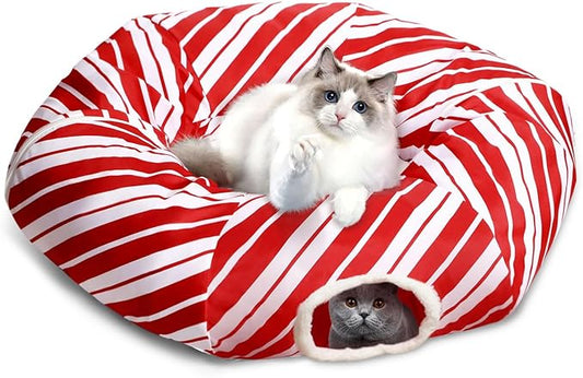 Cat Tunnel Bed Peekaboo Cat Cave Donut Under Christmas Tree Candy Cane Design Festive Decor Perfect for Small Medium Large Cats, Kittens, Rabbit, Ferret