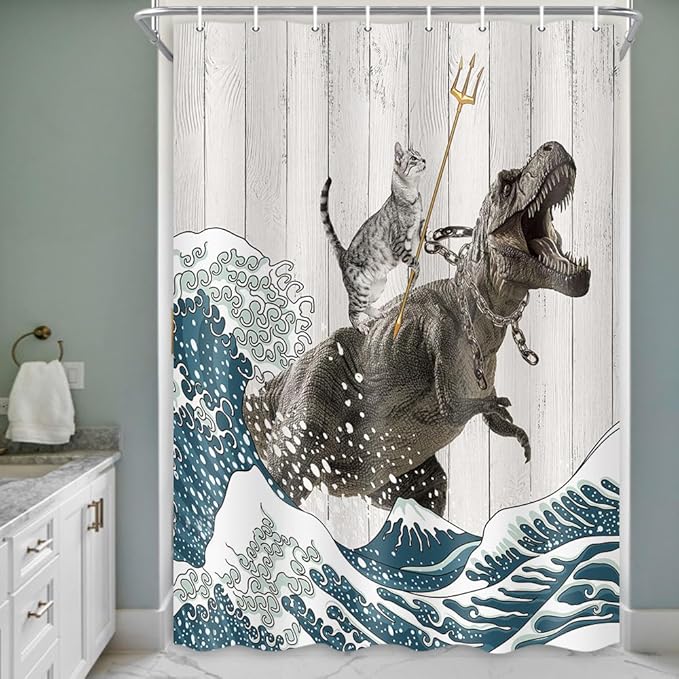 Boziqr Funny Cat Shower Stall Curtain, Cool Cat Dinosaur Japanese Ocean Wave Decor Fabric Bathroom Curtains, Kids Children Rustic Wooden Farmhouse Shower Curtain, 48 X 70 Inches