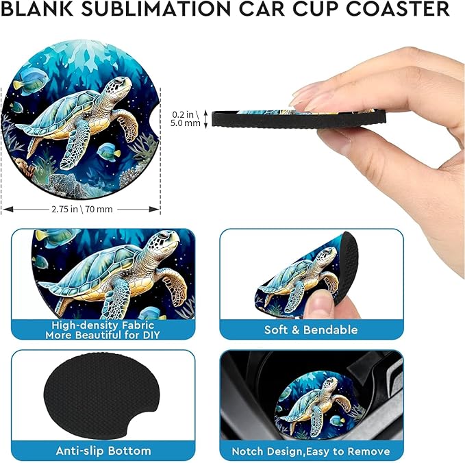 Car Coasters for Cup Holders,2 Pack Sea Turtle Car Cup Holder Coasters,2.75" Universal Size Anti Slip Rubber Mat,Automotive Cup Holder Decal Decor Accessories,Sea Turtle Gifts for Women,Mom,Men