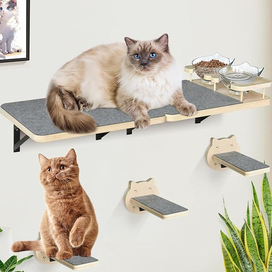 Cat Wall Shelves Set of 2, Cat Shelves and Perches for Wall, Cat Shelves Wall Mount for Large Cat, Cat Wall Furniture with 3 Cat Wall Steps, Cat Climbing Shelf, Cat Wall Shelf with 2 Cat Food Shelf