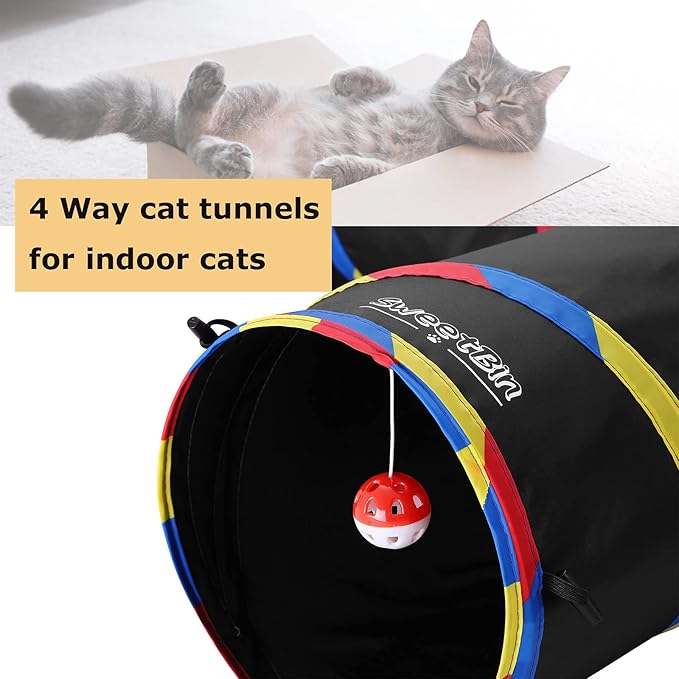 4 Way Large Cat Tunnels for Indoor Cats - 10" Diameter & 47" Long Cat Play Tunnel Toy - Cat Tube with Play Ball & Mouse Toy - Interactive Peephole (Black)
