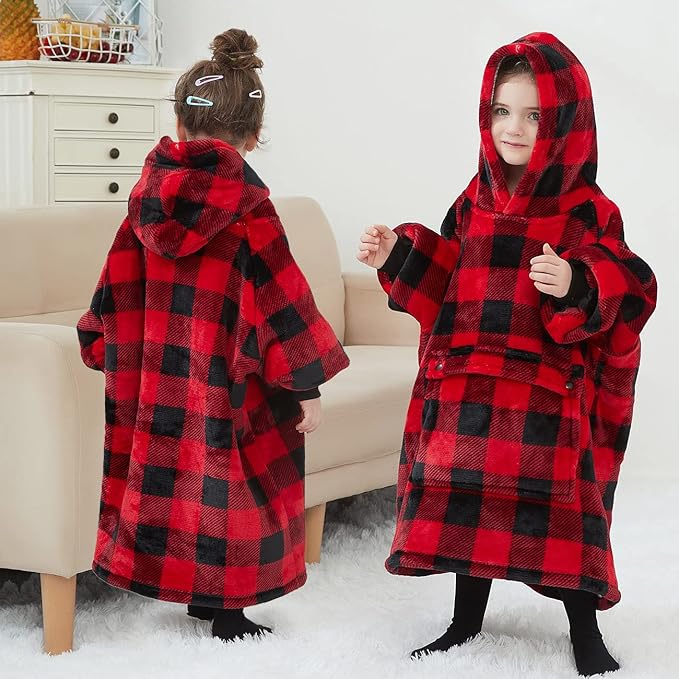 KFUBUO Wearable Blanket Hoodie for Kids Toddlers Sherpa Blanket Sweatshirt With Pocket Cute Hoodies 2-6 Year Old Girl Boy Christmas Gifts Red Plaid