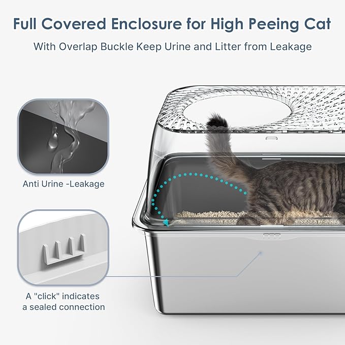 8" Deep Stainless Steel Litter Box with Lid, Top Entry Litter Box for Dog-Proof, Covered Cat Litter Box with Filter Footboard & Scoop, Odor Control, Anti-Leakage, Non-Sticky, Easy Cleaning (Ivory)