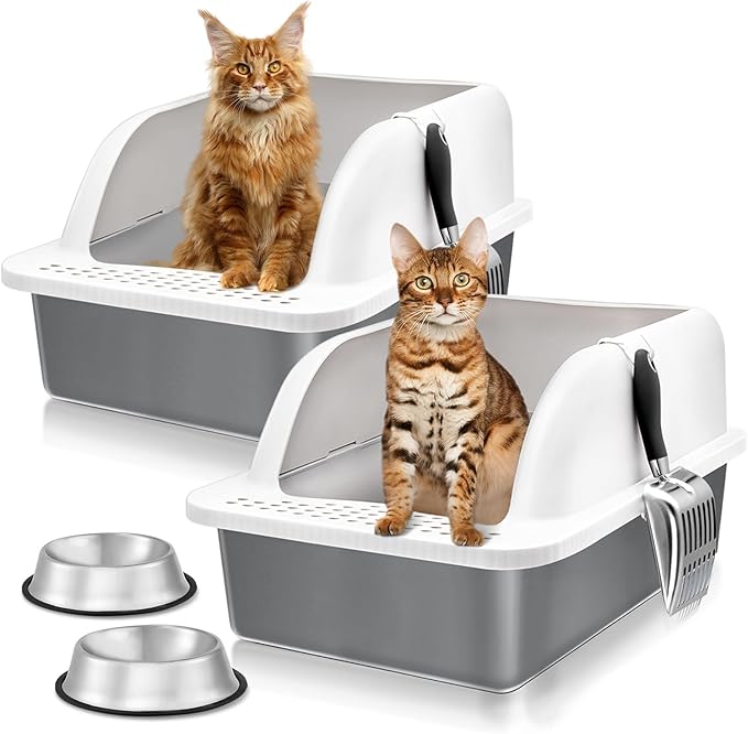 2 Pack Stainless Steel Cat Litter Box, XL Extra Large Cat Litter Box with Lid, Cat Litter Box High Sided, Easy to Clean, Enclosed Metal Cat Litter Pan for Multiple Cats(Grey Coated)