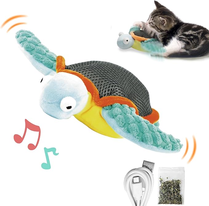 Cat Toys, Flapping Fins Cute Turtle, Vibrating Cat Kicking Toy, Fluffy Plush Animal Toy for Small Dogs, Kitten Catnip Toy, Interactive Cat Toys for Kitty Exercise, Rechargable