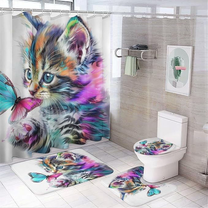 Brebasf Funny Cute Animal Cat Shower Curtain Set Bathroom Set Decorative Abstract Modern Art Watercolor Japanese Anime Cat Butterfly 4 Piece Shower Curtain, Toilet Cover, U-Mat, Floor Mat