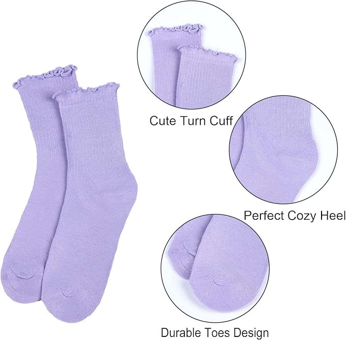 Benefeet Sox Womens Girls Ruffle Crew Socks Novelty Cute Frilly Dress Socks Cotton Lettuce Trim Turn-Cuff High Ankle Sock