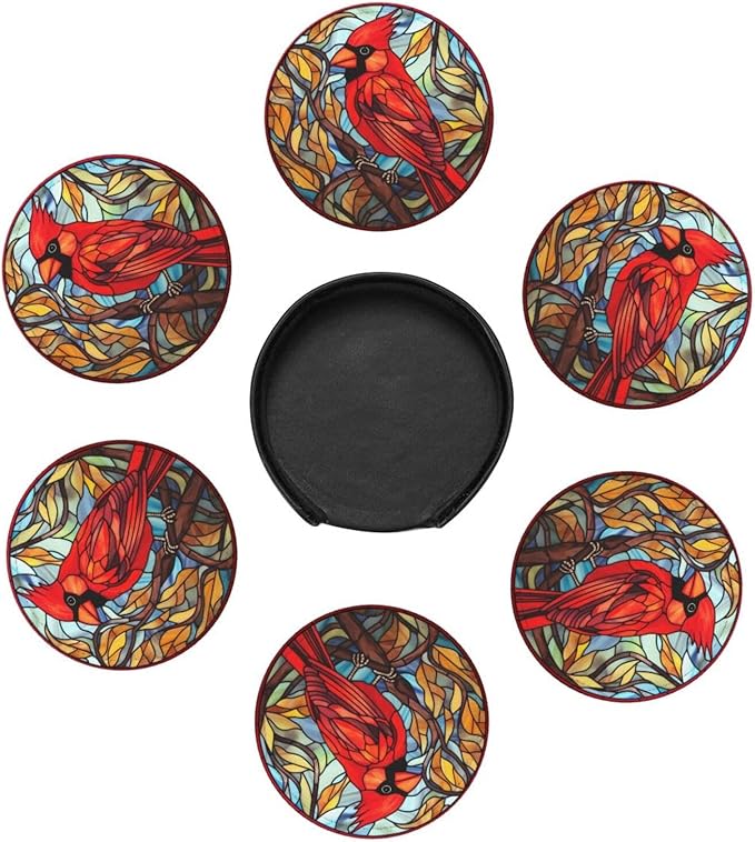 Cardinal Drink Coaster Set of 6, Cardinal Decor Gifts, Leather Drink Coasters with Holder, 6 Pack Cup/Bar/Drink Coasters for Table/Drinks/Coffee Protection Housewarming Gift