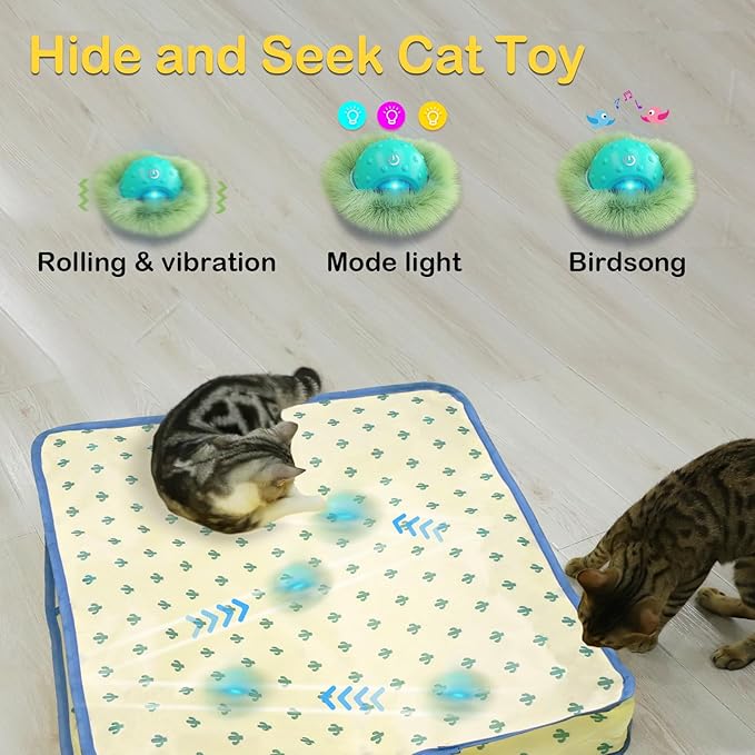 Interactive Cat Toys, Fast Rolling Ball in Play Mat, Motion Activated Cat Toys for Indoor Cats, Hide and Seek Game, Electric Cat Mouse Toy