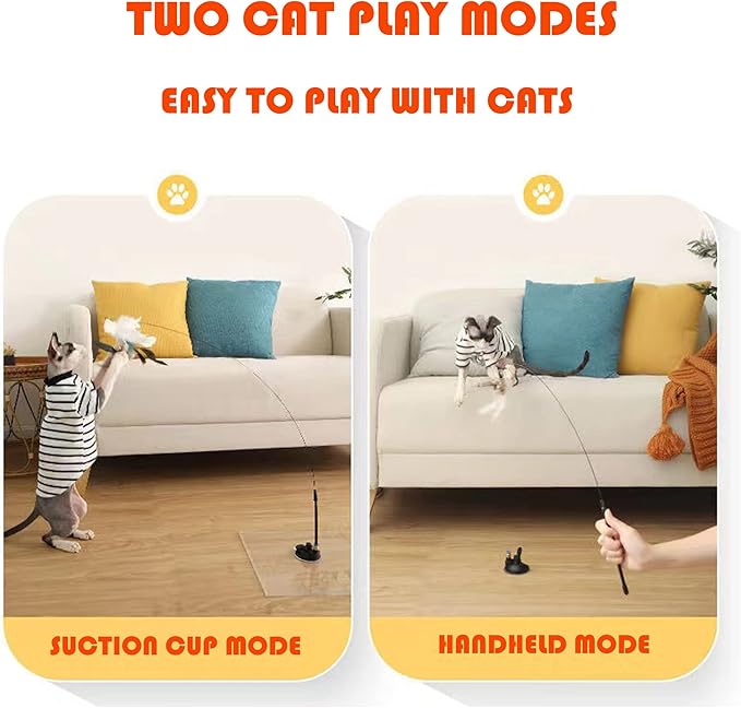 Mrocioa 11pcs Cat Toys Feather Teaser, Interactive Suction Cup Cat Toy Wand with Replaceable Kitten Toys for Indoor Cats to Play Chase Exercise