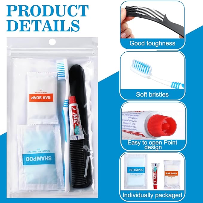 48 Sets Personal Hygiene Kit Basic Toiletry Kits Homeless Supplies Bulk for Women, Men, Travel, Charity, Business Include 48 Shampoo, 48 Toothbrush, 48 Toothpaste, 48 Comb, and 48 Bath Soap