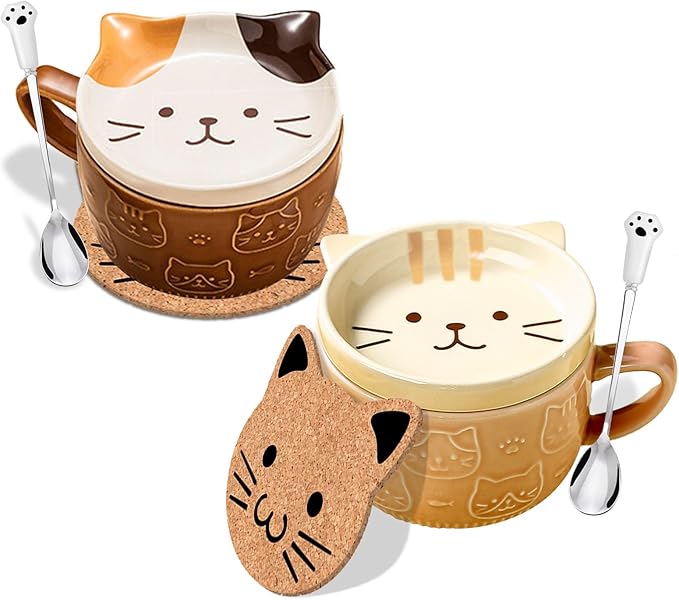 BigNoseDeer 2PCS Cute Cat Tea Cup Ceramic Coffee Mugs with Lid, Dessert Tea Cups and Saucers for Cat Lovers, Christmas Gifts 10oz (Yellow+Brown)