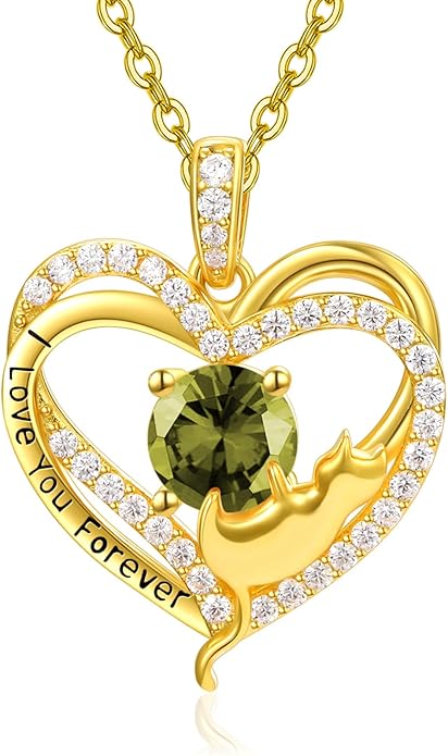 Birthstone Cat Necklaces,925 Sterling Silver Cat Necklace Heart Pendant for Women,Dainty Animal Jewelry for Her,Wedding Anniversary Birthday Gifts for Women Mom Grandma