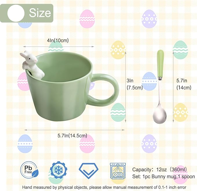 BigNoseDeer Cute Easter Bunny Mugs with 3D Rabbit Inside Kawaii Ceramic Rabbit Coffee Mug with Spoon Cute Gifts Easter Gifts Gag Gifts for Women White Elephant Gifts for Adults 12oz (Green)