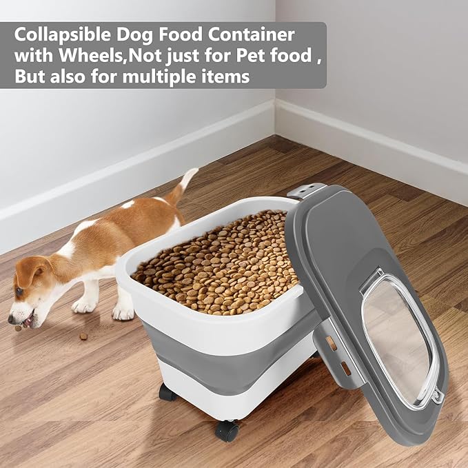 Dog Food Storage Containers 2 PCS(15/20 LB) Collapsible Dog Food Storage Container - with Measuring Cup &Scoop for Dog/Cat Food， (grey+grey)
