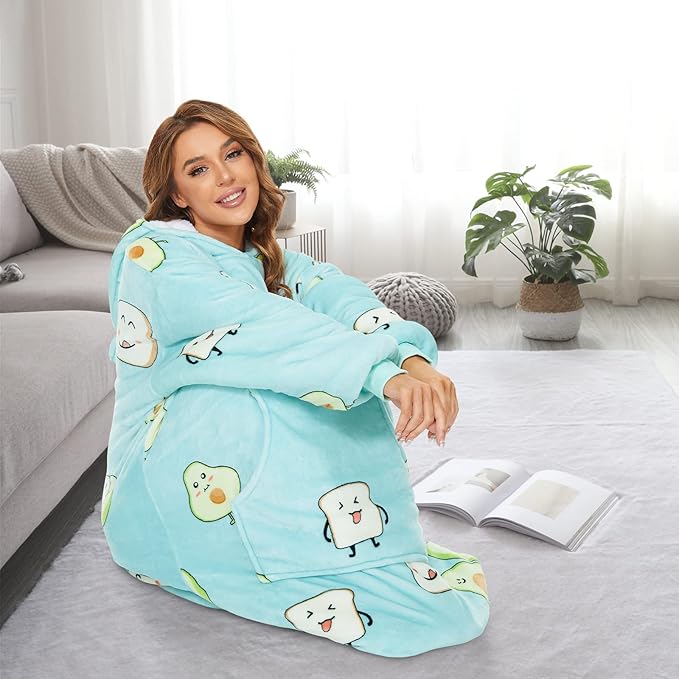 THREE POODLE Wearable Blanket Hoodie, Oversized Long Sherpa Sweatshirt Blanket for Adults Women Men, Warm Cozy Hooded Blanket, Gifts for Mom Girlfriend