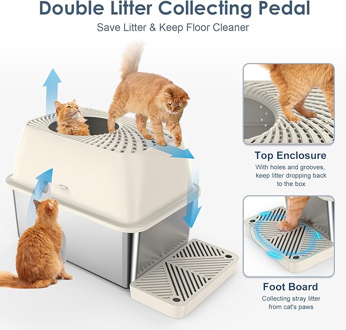 8" Deep Stainless Steel Litter Box with Lid, Top Entry Litter Box for Dog-Proof, Covered Cat Litter Box with Filter Footboard & Scoop, Odor Control, Anti-Leakage, Non-Sticky, Easy Cleaning (Ivory)