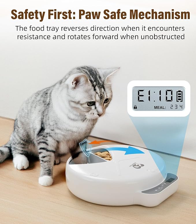 Casfuy Battery-Operated Automatic Cat Feeder - Whisker Friendly Automatic Cat Food Dispenser for Wet Dry Food Cordless 4-Meal Auto Feeder for Cats Small Dogs with Programmable 12H/24H Format Timer