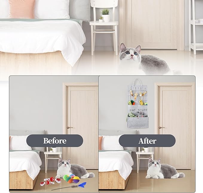 MABOZOO Cat Toy Storage Organizer for Wand Toys,Durable Pet Storage Box with Handle Cat Feather Toy Storage Hanging Bag for Neatly Organizing Teaser Wand Toys（Light Grey）