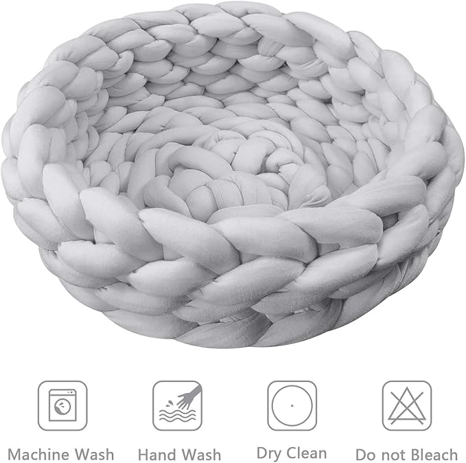 Lucky Monet Cat Basket Bed Cotton Knitted Round Pet Beds for Cats Cute Boho Cat Pet Bed Warm Woven Cat Nest for Puppy Kitten Cats Dogs (19.7", Light Gray)