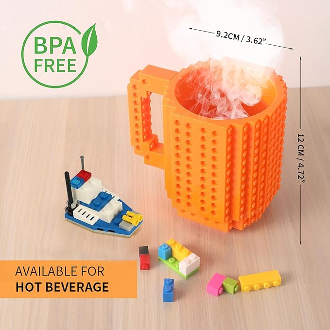 Build-on Brick Coffee Mug Funny DIY Novelty Cup with Building Blocks Creative Gift for Kids Men Women Birthday (Orange)