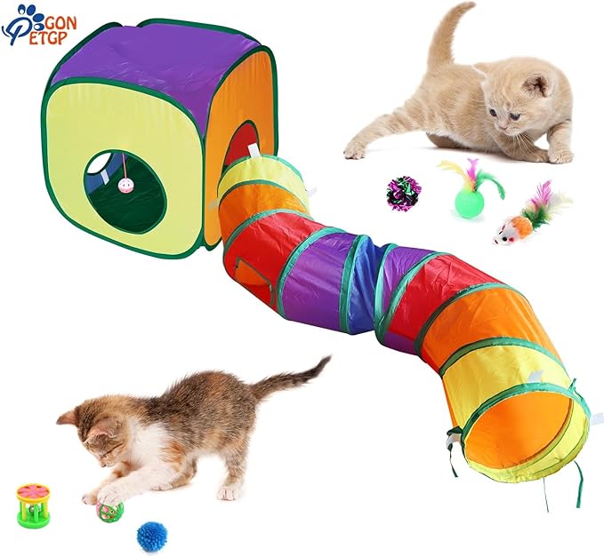 Cat Toys for Indoor Cats, Kitten Toys Set, Collapsible Pet Tunnel Cube Tent Toys, Interactive Cat Feather Teaser Wand Cat Bell Balls Fuzzy Ball Springs Mouse Toys for Cat Kitty (Rainbow)