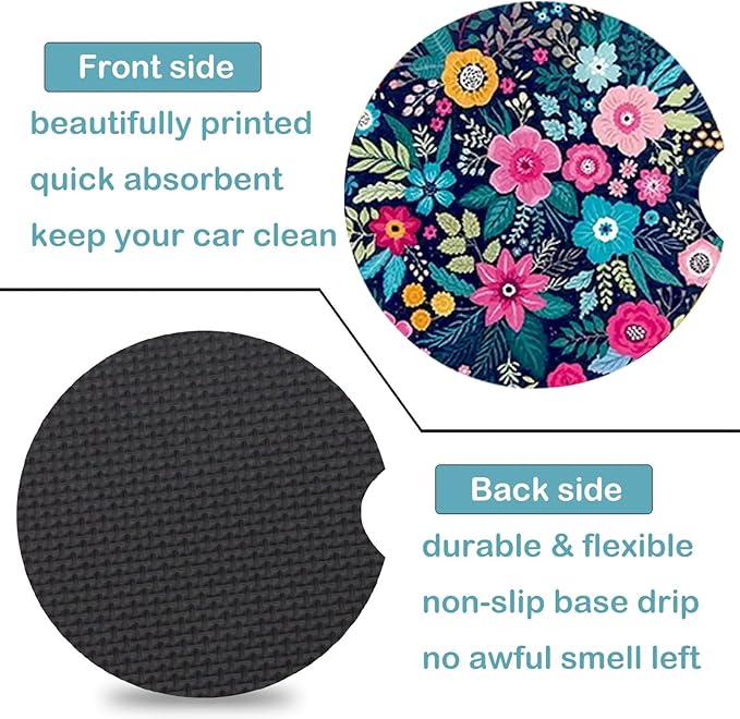 Car Coasters for Cup Holders,2 Pack Floral Car Coasters,2.75" Universal Size Anti Slip Rubber Mat,Automotive Cup Holder Decal Decor Accessories,Rubber Car Cup Mat for Women,Men,Mom