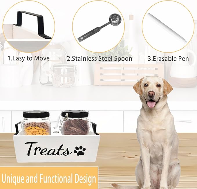 Dog Treat Container Food Storage - with 2 Plastic Treat Jars Pet Cat Food Containers Airtight Organizer Dog Treat Holder Farmhouse Decor Gift for Pet (White)