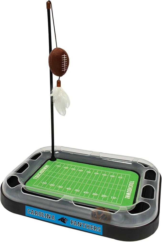 Pets First Cat Scratcher NFL Carolina Panthers Football Field CAT Scratcher Toy. Catnip Filled Plush Football Toy & Feather Cat Toy Hanging. Jingle Bell Interactive Ball Cat Chasing 5-in-1 Kitty Toy