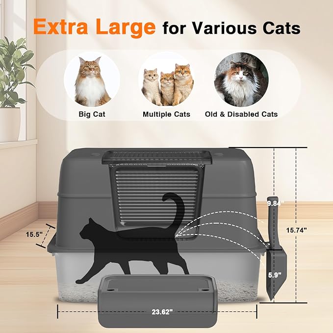 3-in-1 Stainless Steel Cat Litter Box with Removable Lid-Enclosed XL Extra Large High-Sided Metal Box for Small & Big Cats with Scoop-Easy to Clean, Odor Control, Non-Sticky,Anti-Leakage (Dark Grey)