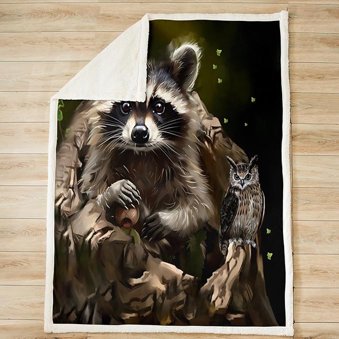 Feelyou Kids Throw Blanket Boys Girls Raccoon Sherpa Blanket Cute Animal Theme Blanket Fleece Blanket for Bed Travel Sofa Room Decor Wildlife Style Plush Throw BlanketQueen 90"x90"