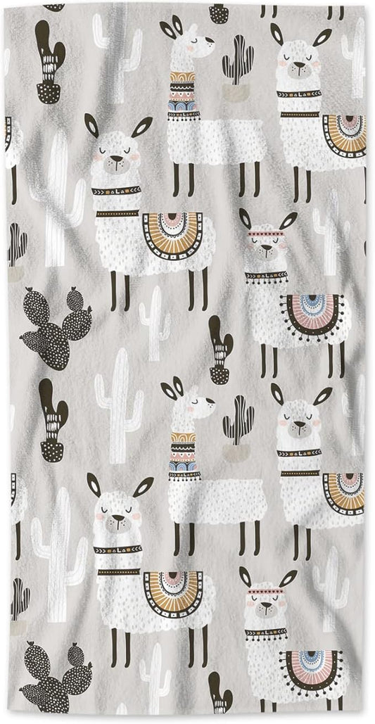 AOYEGO Llama Bath Towel Summer Succulent Cactus Alpaca Animal Cartoon Cute Boho Design Polka Dots Beach Bath Towels Soft Microfiber Yoga/Golf/Swim/Hair/Face Towels 15x30 Inch