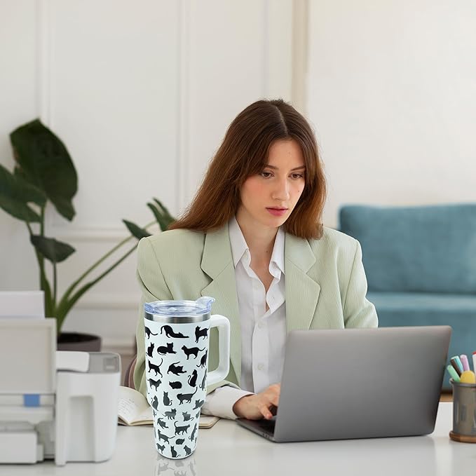 40 oz Tumbler with Handle and Straw, Stainless Steel Insulated Cup with Leak Proof Lid and Straw Lid, Keep Drinks Cold and Hot for Hours(Cat)