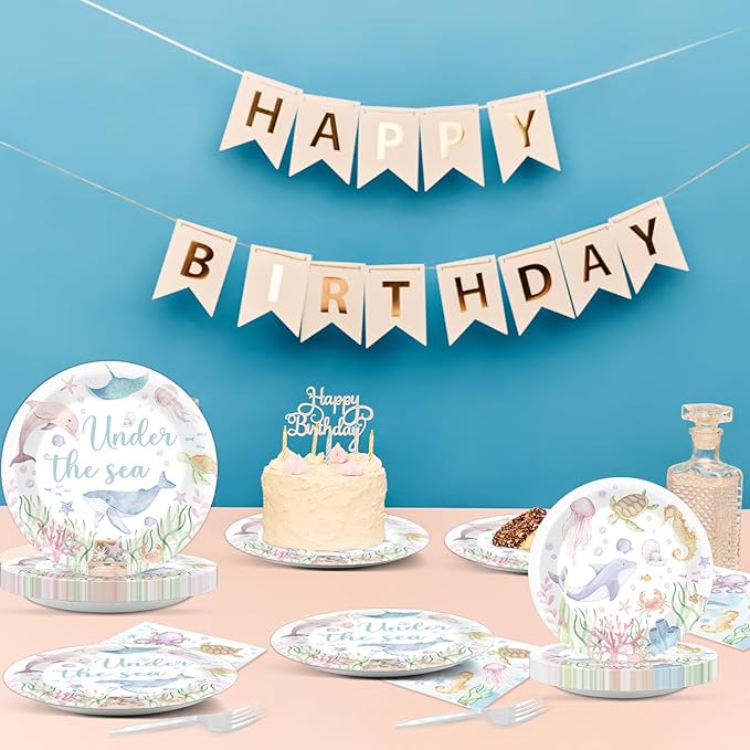 96 Pcs Under the Sea Party Decorations Ocean Plates and Napkins Sea Turtle Theme Tableware Set Decor Party Supplies for Birthday Wedding Baby Shower Sea Animal Party Favors for 24 Guests