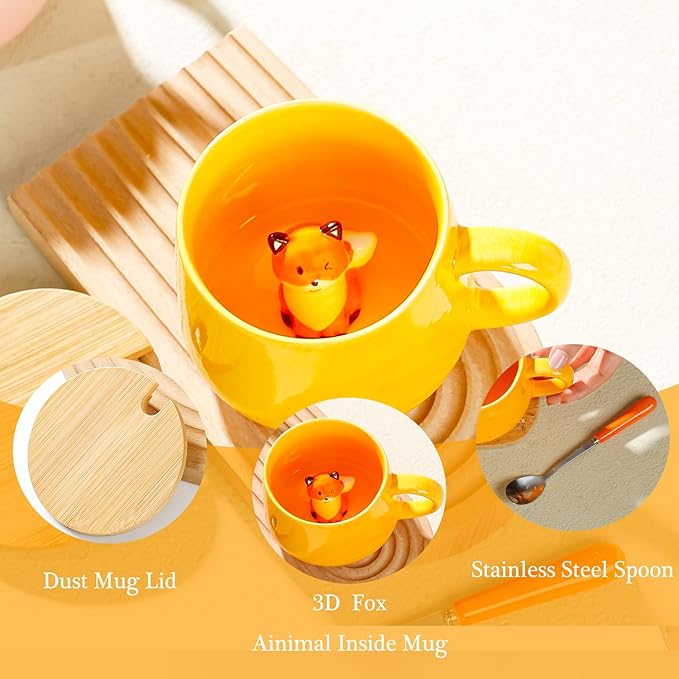 BigNoseDeer Kawaii Fox Mug Cute Mugs with 3D Fox Inside Ceramic Coffee Mug with Lid and Spoon Cute Stuff Birthday Gifts Cute Gifts For Women 13.5oz