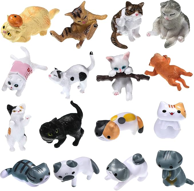 Blulu 16 Pcs Realistic Cat Figurines Toy Lovely Cats Figurines Miniature Animals Figures Toy Set Mini Animals Ornament for Easter Eggs Cake Toppers Birthday Gift Fairy Home Garden