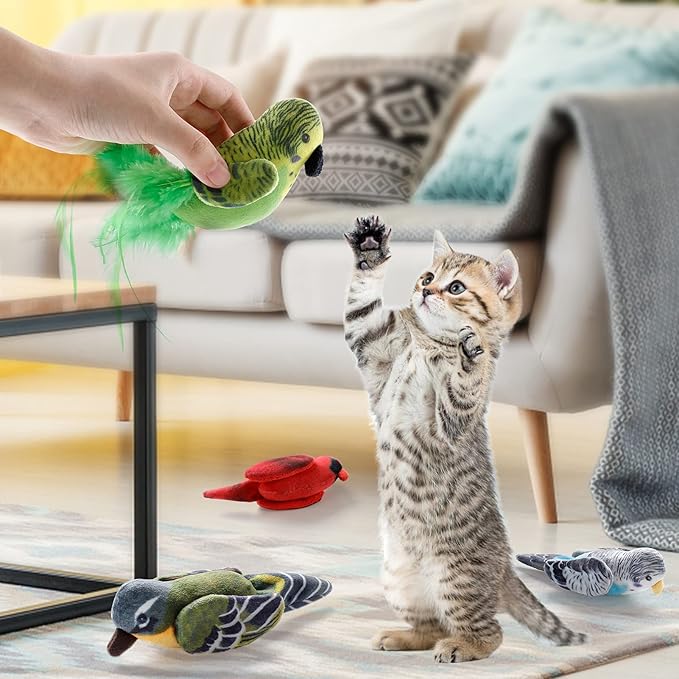 Dorakitten Cat Catnip Toys Interactive Cats 4pcs Kitten Plush Nip Chew Bird Toy with Crinkle Paper Pet Best Treats Stuffed Pillow Cute Teething Play Gifts Soft Kick Sound Supplies for Indoor Kitty