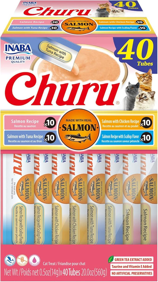 INABA Churu Cat Treats, Lickable, Squeezable Creamy Purée Cat Treat with Green Tea Extract & Taurine, 0.5 Ounces Each Tube, 40 Tubes, Salmon Variety Box